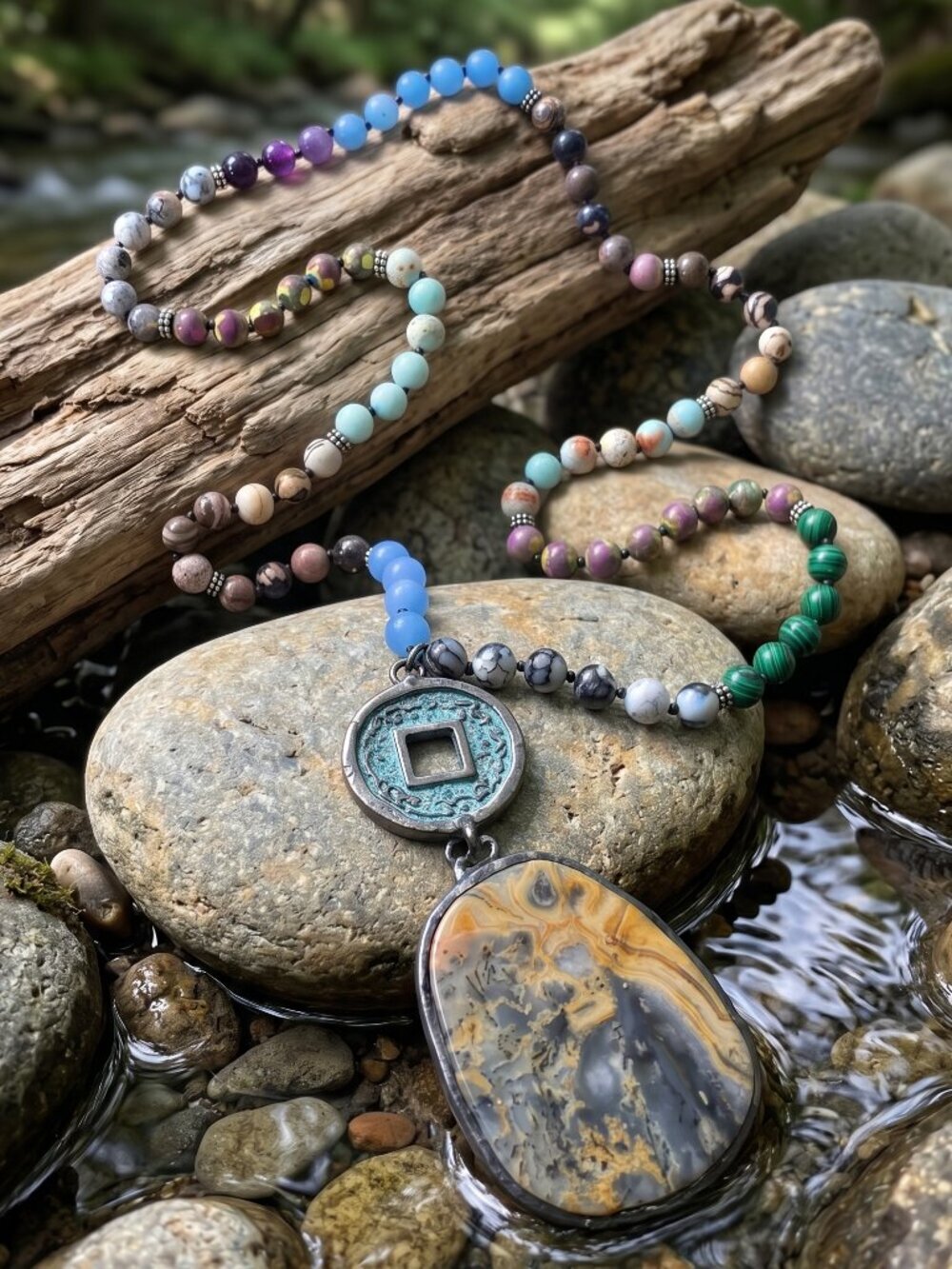 Long Boho Rainbow Stone Bead Necklace Malachite Coin Pendant Artisan 33.5"
